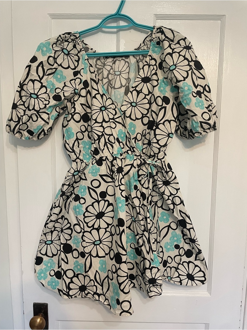 Zara White Mini Dress with Black Floral Print and Aqua Flowers